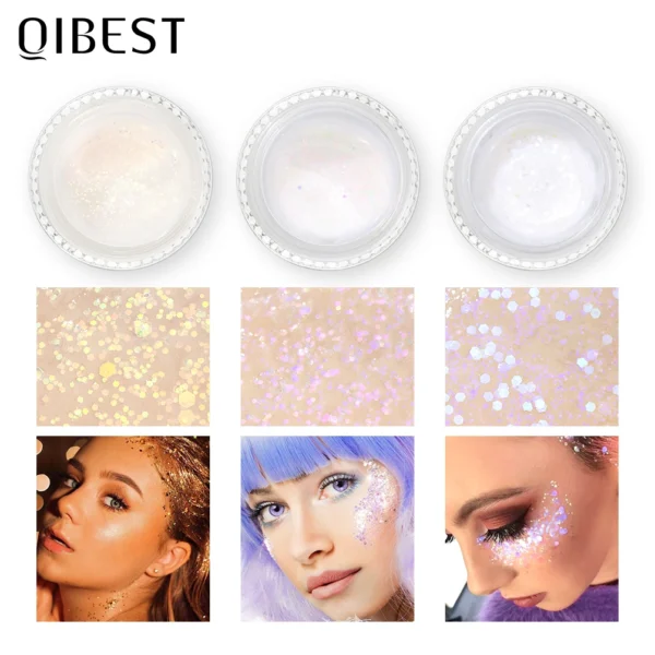 QIBEST Eyeshadow Glitter Gel Cream Face Hair Body Nail Glitter Gel Heart Star Moon Loose Sequins Festival Makeup Decorations - 이미지 2