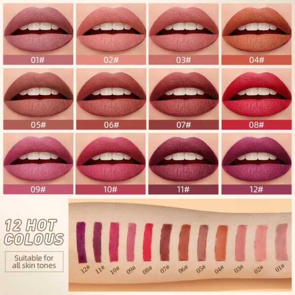 QIBEST 12 Color Matte Lipstick Pen Nude Red Brown Solid Lip Gloss Lip Tint Long Lasting Lipstick Pencil Moisturising Lip Makeup - Image 3