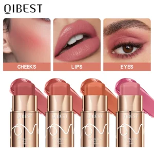 QIBEST Lipstick Blush Stick 3-in-1 Eyes Cheek and Lip Tint Buildable Long Lasting Lightweight Cream Multi Stick Makeup for Women