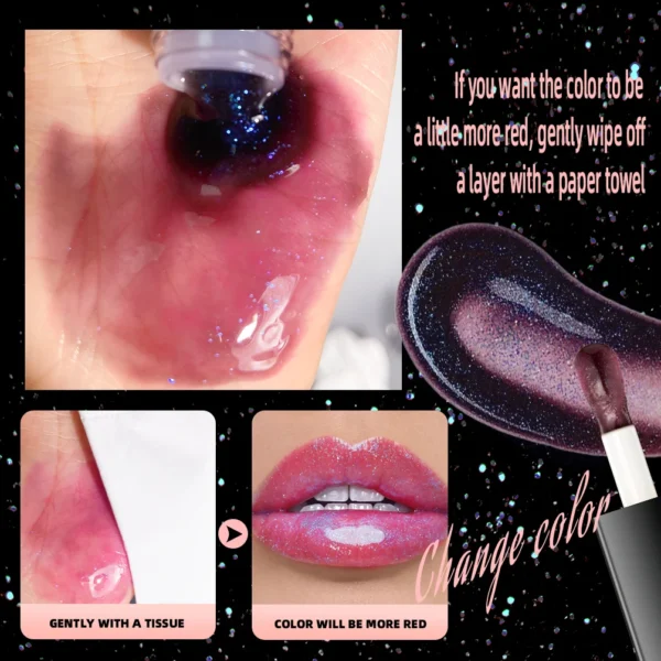 QIBEST Shimmer Lip Oil Black Color Changing Lipgloss Moisturizing Shiny Mirror Lip Gloss Oil Plumping Glitter Lip Makeup Tint - 이미지 4