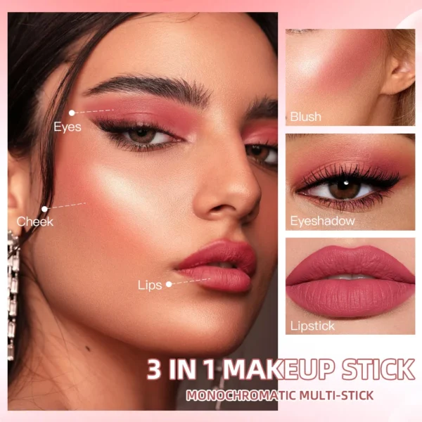 3-in-1 Cheek Blush Stick Lip Tinted Eyes Cheek Lips Brighten Cream Water-resistant Moisturizing Face Contouring Shadow Blusher - 이미지 3