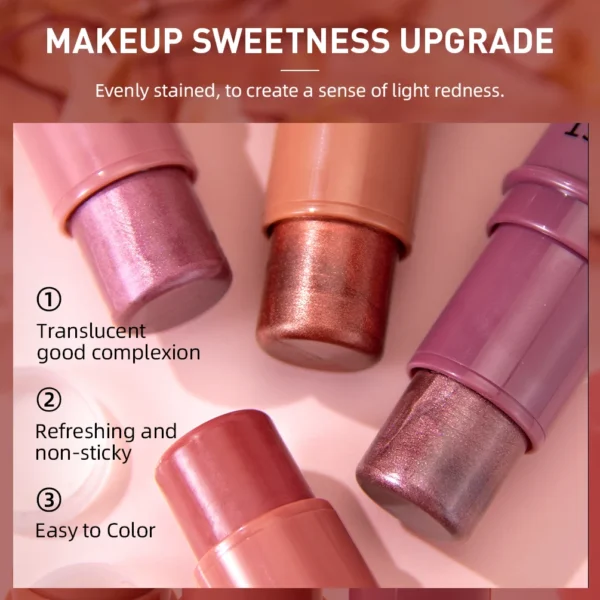 3-in-1 Cheek Blush Stick Lip Tinted Eyes Cheek Lips Brighten Cream Water-resistant Moisturizing Face Contouring Shadow Blusher - 이미지 4
