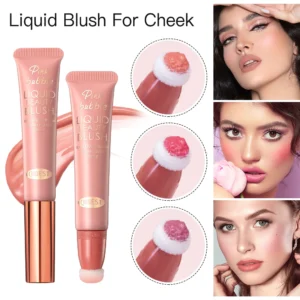 QIBEST Liquid Blusher Contour with Cushion Applicator Velvet Face Blush Pigment Lasting Cream Cheek Tint Peach Blush Makeup